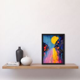 Artery8 Full Moon Night City Street Colourful Abstract Framed Art Print - Size: A4 - thumbnail 4