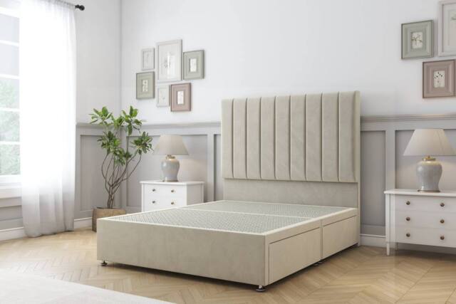 "Sloomy Kansas Plush Divan Bed 2 Drawers With 26"" Strutted Headboard in Cream - Size: Small Single" - image 1