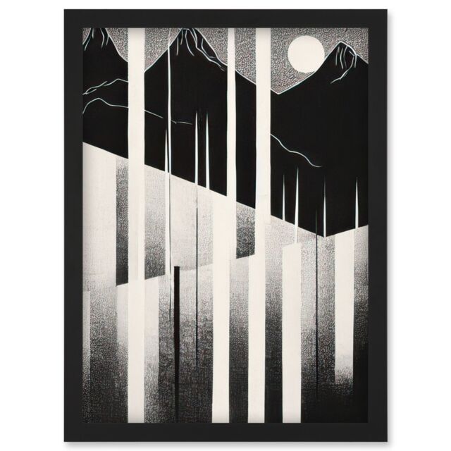 Artery8 Abstract Mountain Landscape Lake Sunrise Linocut Artwork Framed Wall Art Print A4 in Black - image 1