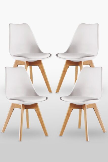 Life Interiors Set of 4 'Tulip Dining Chairs' Leather Padded Seat Solid Wood Legs in White