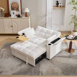 ModernLuxe 2 seater sofa bed with pull out, cup holders & hidden table in White - thumbnail 1