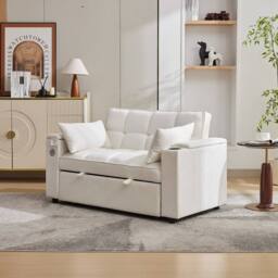 ModernLuxe 2 seater sofa bed with pull out, cup holders & hidden table in White - thumbnail 4
