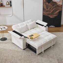 ModernLuxe 2 seater sofa bed with pull out, cup holders & hidden table in White - thumbnail 5