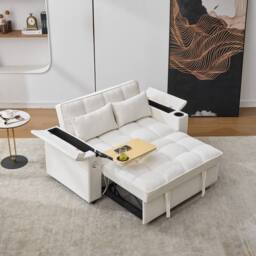 ModernLuxe 2 seater sofa bed with pull out, cup holders & hidden table in White - thumbnail 6
