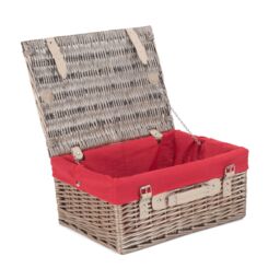 Red Hamper Wicker 40cm Antique Wash Picnic Basket with Cotton Lining in Red - thumbnail 1