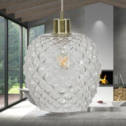 First Choice Lighting Baine - Clear Textured Glass with Satin Brass Pendant Fitting - thumbnail 4