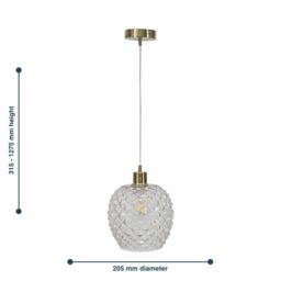 First Choice Lighting Baine - Clear Textured Glass with Satin Brass Pendant Fitting - thumbnail 8