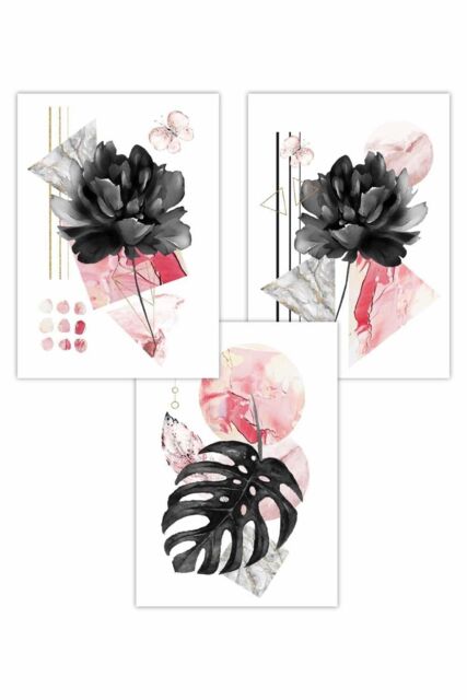 ARTZE Set of 3 Abstract Pink & Black Botanical Art Posters in Bright Pink - Size: W50 cm x H70 cm - image 1
