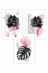 ARTZE Set of 3 Abstract Pink & Black Botanical Art Posters in Bright Pink - Size: W50 cm x H70 cm - thumbnail 1