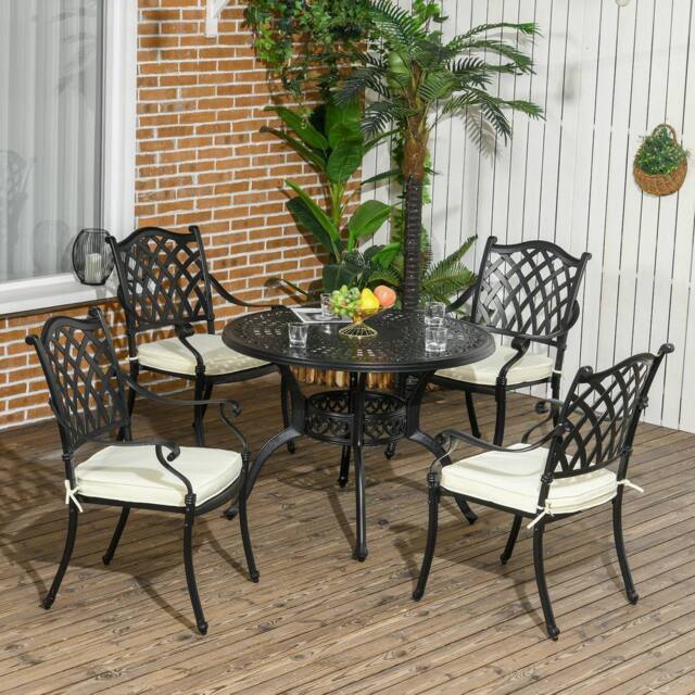 OUTSUNNY 4 Seater Outdoor Dining Set with Cushions Parasol Hole Cast Aluminium in Black - image 1