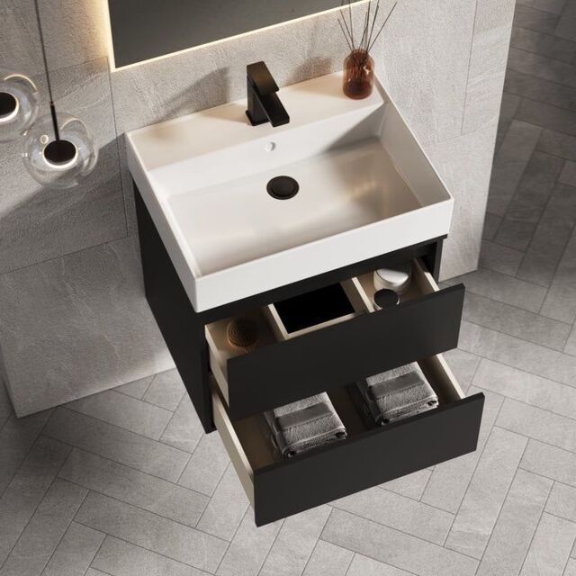 Banyetti Venti 600mm Wall Hung Vanity Unit with Veneto 1 Tap Hole Basin - Matt Black - image 1
