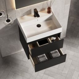 Banyetti Venti 600mm Wall Hung Vanity Unit with Veneto 1 Tap Hole Basin - Matt Black