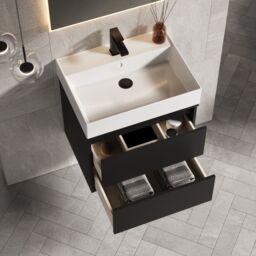 Banyetti Venti 600mm Wall Hung Vanity Unit with Veneto 1 Tap Hole Basin - Matt Black - thumbnail 4