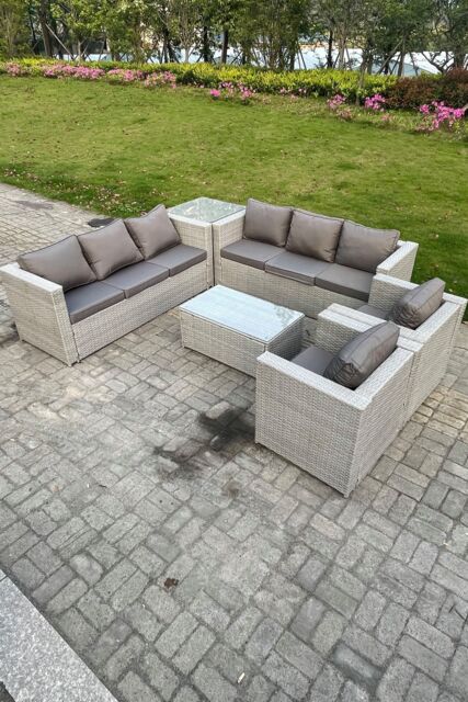 Fimous 6 PC Light Grey Outdoor PE Rattan Garden Furniture Set Wicker Sofa Coffee Table 2 Armchair - image 1