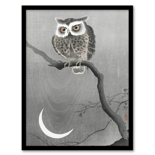 Artery8 Long Eared Owl On Tree Branch Vintage Japan Framed Wall Art Print Koson in Grey - Size: A4 - image 1