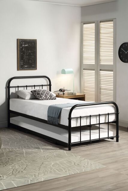 SlumberWorx Tewin Vintage Hospital Style Single Metal Bed Frame w Guest Trundle in Black - image 1