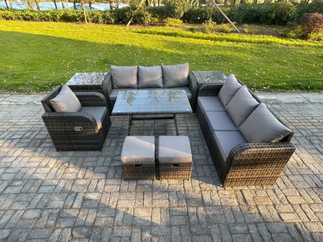 Fimous Wicker 8 Pieces Rattan Garden Furniture Sofa Set with Rectangular Dining Table Armchair 2 Small Footstools 2 Side Tables Dark Grey Mixed - image 1