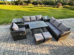 Fimous Wicker 8 Pieces Rattan Garden Furniture Sofa Set with Rectangular Dining Table Armchair 2 Small Footstools 2 Side Tables Dark Grey Mixed - thumbnail 2