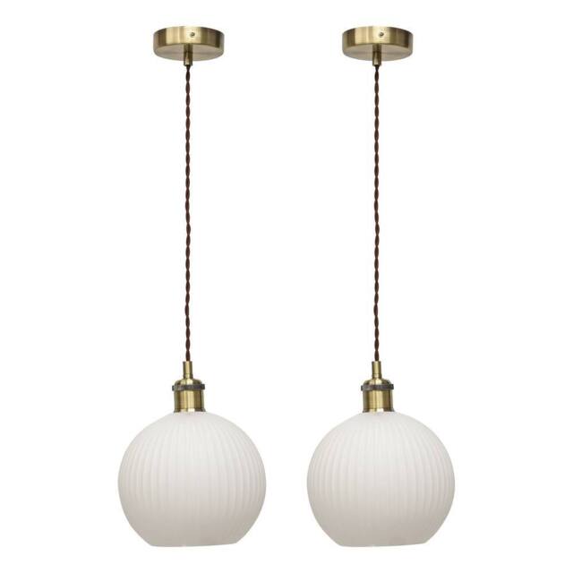 First Choice Lighting Set of 2 Betchley - White Ribbed Globe Antique Brass Retro Pendants - image 1