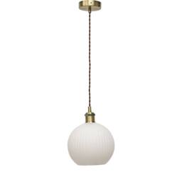 First Choice Lighting Set of 2 Betchley - White Ribbed Globe Antique Brass Retro Pendants - thumbnail 2