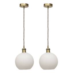 First Choice Lighting Set of 2 Betchley - White Ribbed Globe Antique Brass Retro Pendants - thumbnail 1
