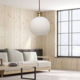 First Choice Lighting Set of 2 Betchley - White Ribbed Globe Antique Brass Retro Pendants - thumbnail 5
