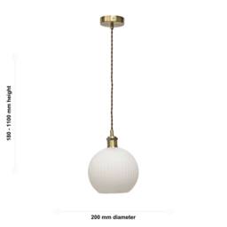 First Choice Lighting Set of 2 Betchley - White Ribbed Globe Antique Brass Retro Pendants - thumbnail 6