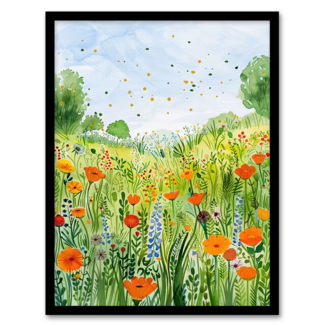 "Artery8 California Poppy Reserve Summer Flower Meadow Framed Art Print in Green - Size: W12"" x H16""" - image 1