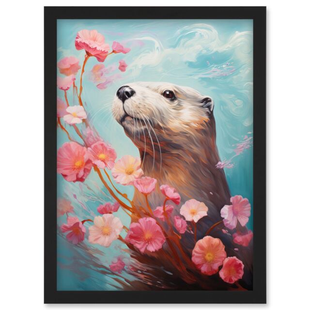 Artery8 Wall Art Print Otter with a Pink Cherry Blossom Branch Elegant Oil Painting Floating on Lake Water with Flowers Artwork Framed A4 in Black - image 1