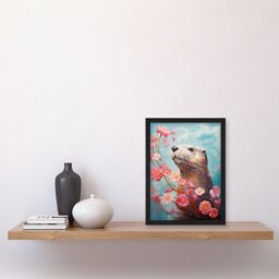 Artery8 Wall Art Print Otter with a Pink Cherry Blossom Branch Elegant Oil Painting Floating on Lake Water with Flowers Artwork Framed A4 in Black - thumbnail 2