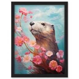 Artery8 Wall Art Print Otter with a Pink Cherry Blossom Branch Elegant Oil Painting Floating on Lake Water with Flowers Artwork Framed A4 in Black - thumbnail 1