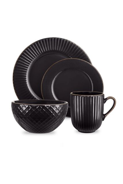 Tower Empire Dinnerware Set, 16 Piece, Stoneware, Black & Brass T867002BLK - image 1