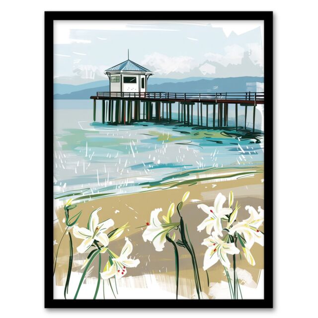 "Artery8 Scottish Beach Pier Lily Wildflowers Painting Framed Art Print in Blue - Size: W12"" x H16""" - image 1