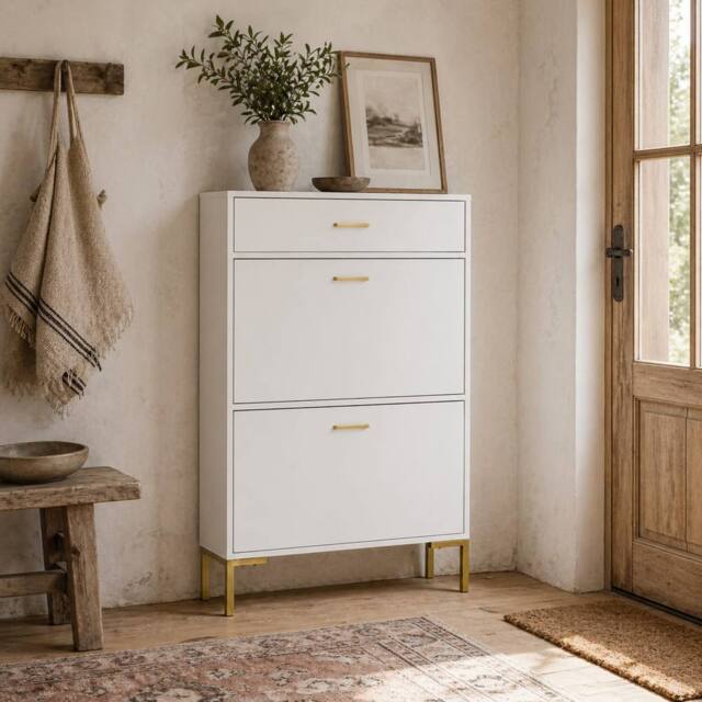 Wyld Haus Suto Slim White Shoe Cabinet with 3 Drawers for 12 Pairs - image 1