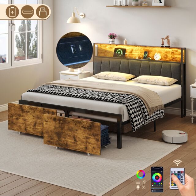 Matteo 4ft6 Double Bed Frame - RGB LED Headboard, Integrated Storage & Charging - Black & Walnut Metal Platform - image 1