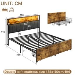 Matteo 4ft6 Double Bed Frame - RGB LED Headboard, Integrated Storage & Charging - Black & Walnut Metal Platform - thumbnail 7