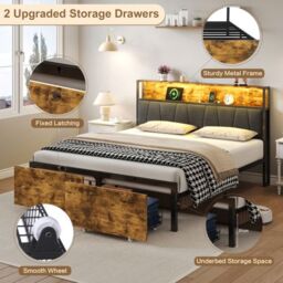 Matteo 4ft6 Double Bed Frame - RGB LED Headboard, Integrated Storage & Charging - Black & Walnut Metal Platform - thumbnail 5