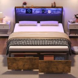 Matteo 4ft6 Double Bed Frame - RGB LED Headboard, Integrated Storage & Charging - Black & Walnut Metal Platform - thumbnail 3