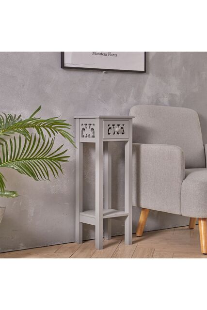 French Style 73cm High 2-Tier Slim Side Table with Drawer & Bookshelf in Grey - image 1