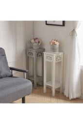 French Style 73cm High 2-Tier Slim Side Table with Drawer & Bookshelf in Grey - thumbnail 2