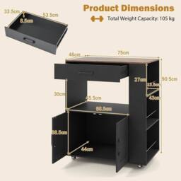 SPETLEK Kitchen Island on Wheels with Large Drawer Rolling in Black - Size: 0.6m2 - thumbnail 2