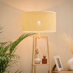 ValueLights Hiru 3 Tier Wooden Shelf Floor Lamp with Natural Wicker Shade in Nude - thumbnail 4