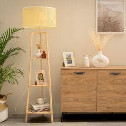ValueLights Hiru 3 Tier Wooden Shelf Floor Lamp with Natural Wicker Shade in Nude - thumbnail 1