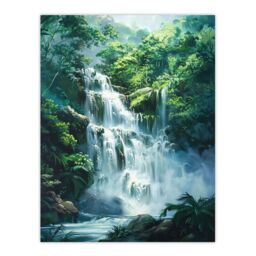 "Artery8 Jungle Waterfall Amazon Rainforest Landscape Wall Art Print in Green - Size: W24"" x H32""" - thumbnail 1
