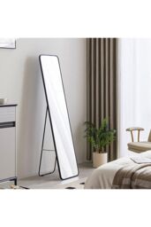 H&O Direct Black Bedroom Rounded Rectangular Floor Mirror Wall Mounted Full-Length Mirror, 47cm W x 157cm H - Size: 47 cm W x 157 cm H