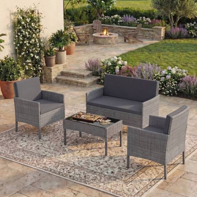 HD Designs 4 Piece Rattan Set with Coffee Table Garden Furniture Set with Cover in Grey
