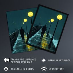 Artery8 Night Walk in Rain Under Promenade Street Lamps Framed Art Print in Blue - Size: A4 - thumbnail 2