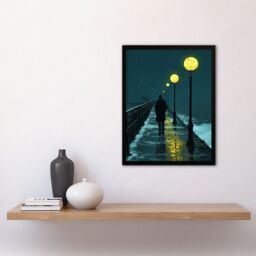 Artery8 Night Walk in Rain Under Promenade Street Lamps Framed Art Print in Blue - Size: A4 - thumbnail 4