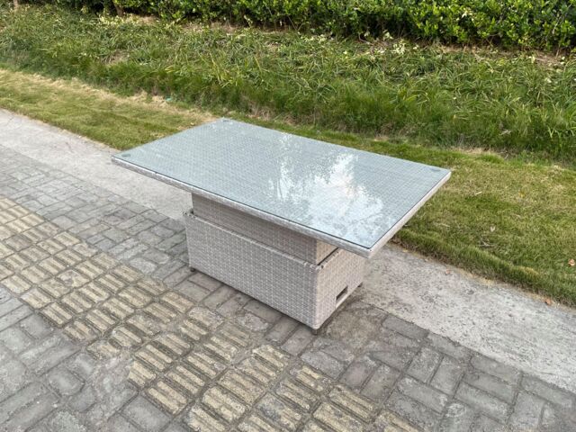 Fimous Rattan Garden Furniture Adjustable Rising Dining Coffee Table In Light Grey Mixed With Clear Tempered Glass Semi Assembled - image 1