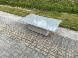 Fimous Rattan Garden Furniture Adjustable Rising Dining Coffee Table In Light Grey Mixed With Clear Tempered Glass Semi Assembled - thumbnail 2